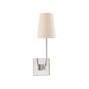 The Venini Wall Sconce is a square, polished nickel backplate and slightly curved arm with a single linen shade.
