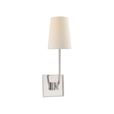The Venini Wall Sconce is a square, polished nickel backplate and slightly curved arm with a single linen shade.