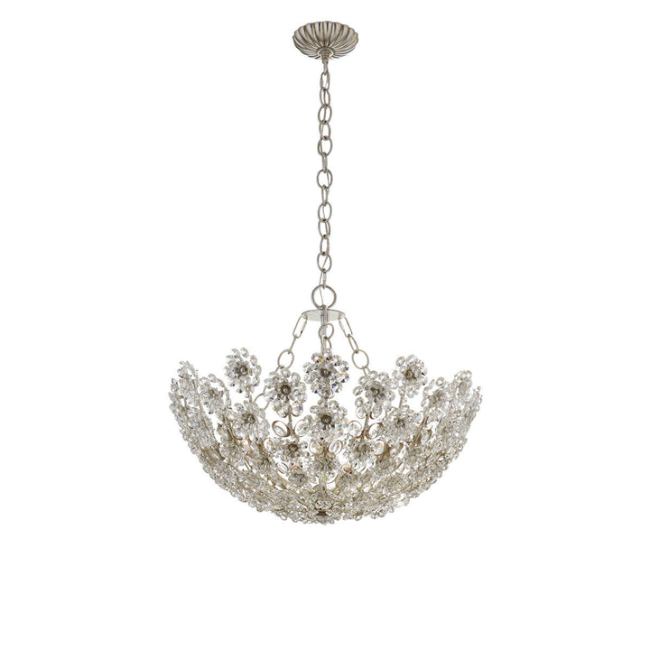 The Claret Chandelier is a bowl shaped pendant chandelier with a crystal, floral pattern and a short chain hanger in a burnished silver leaf finish.