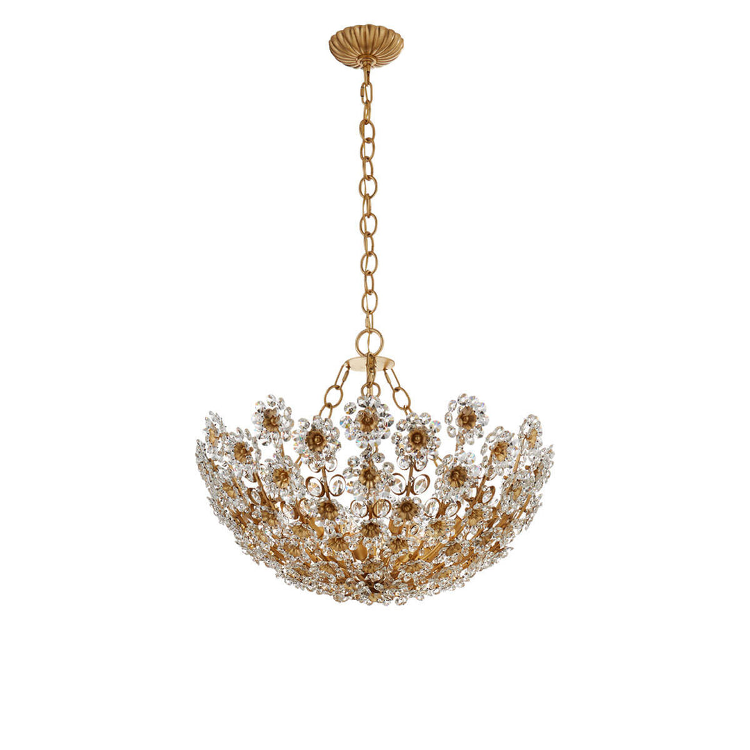 The Claret Chandelier is a bowl shaped pendant chandelier with a crystal, floral pattern and a short chain hanger in a gild finish.