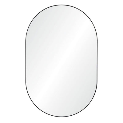 The Draper Mirror is a modern, oblong shaped mirror with a thin, powder-coated black iron frame.
