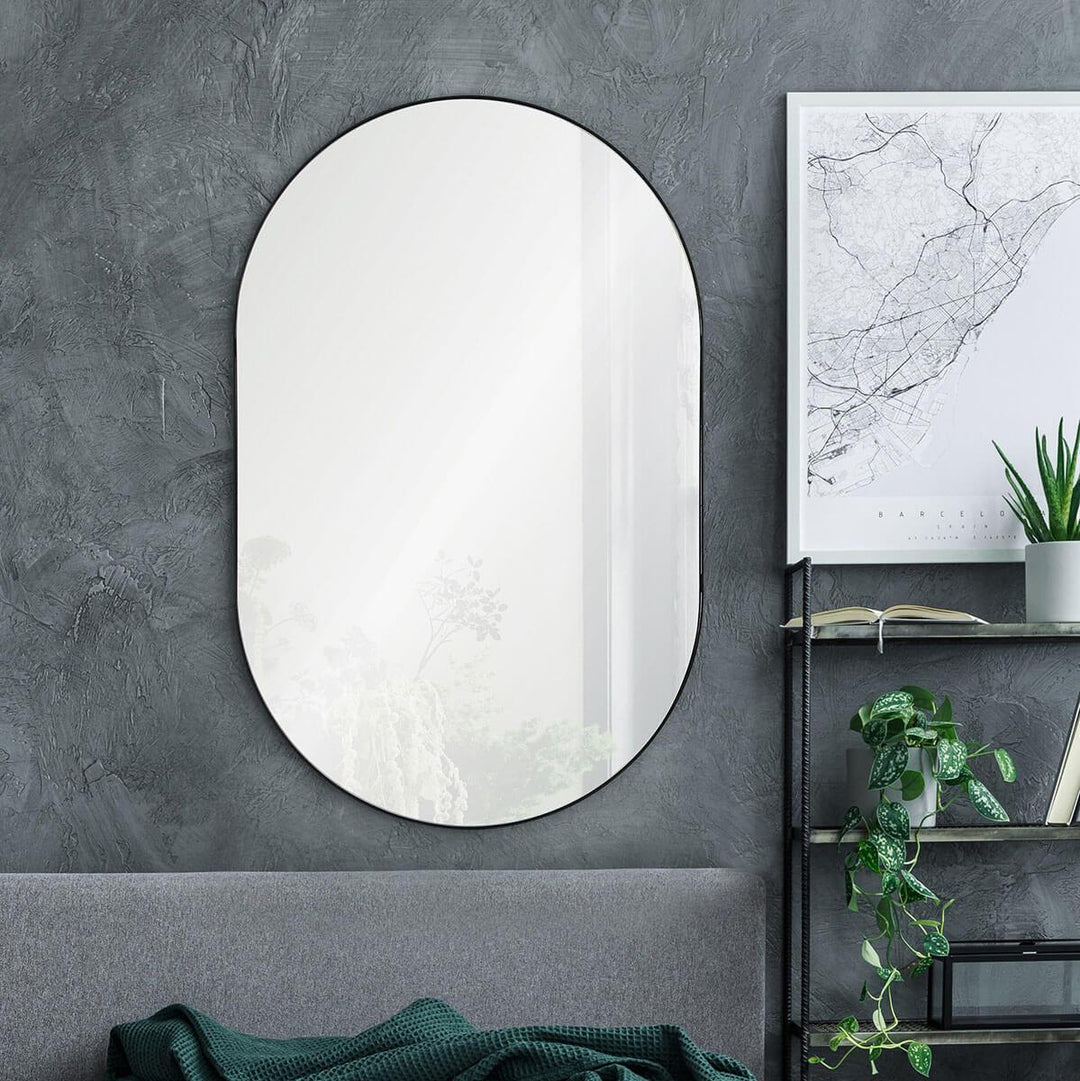 Minimal mirror in a modern living room.