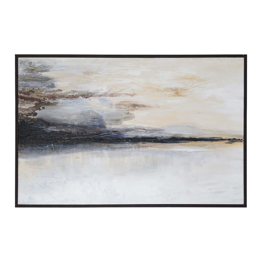 The Warran is a textured, abstract landscape painting with a black timber frame.