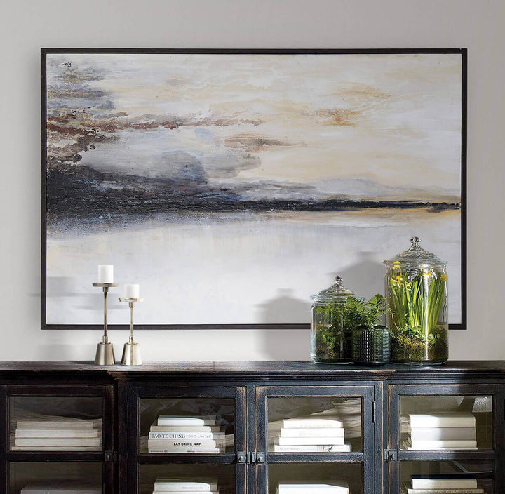 Abstract painted landscape painting in a traditional dining room.