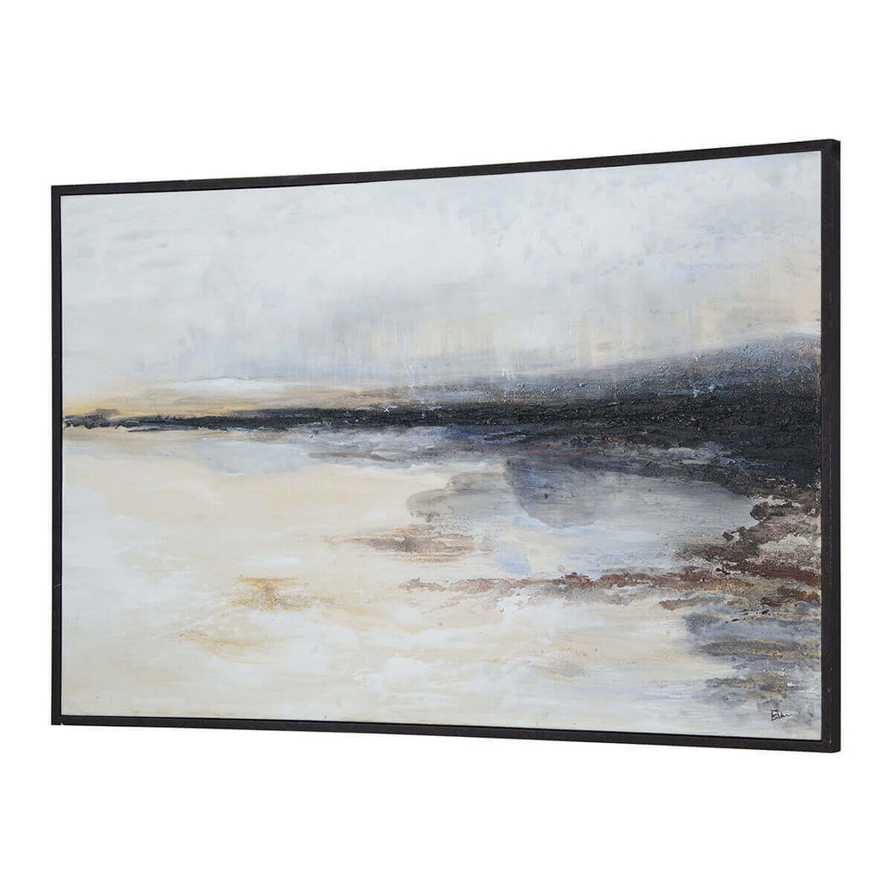 Modern landscape hand-painted on canvas with texture and a black timber frame.
