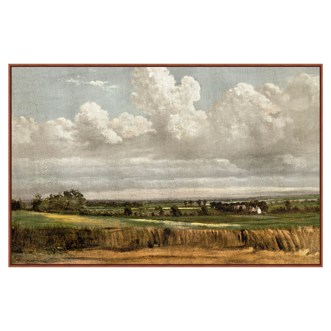 Contemporary painting of a wheatfield with hand applied crackle finish.