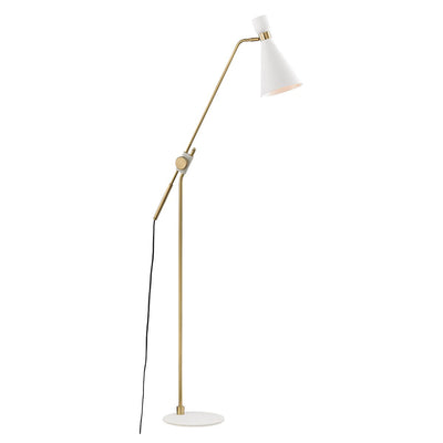 Aged brass and white modern floor lamp. White and brass living room floor lamp with sconce lamp shade and adjustable arm.