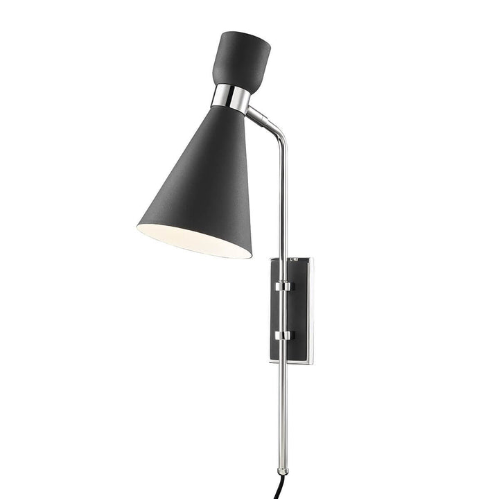 The Hudson Wall Sconce with tapered lamp shade in a black finish with polished nickel details.