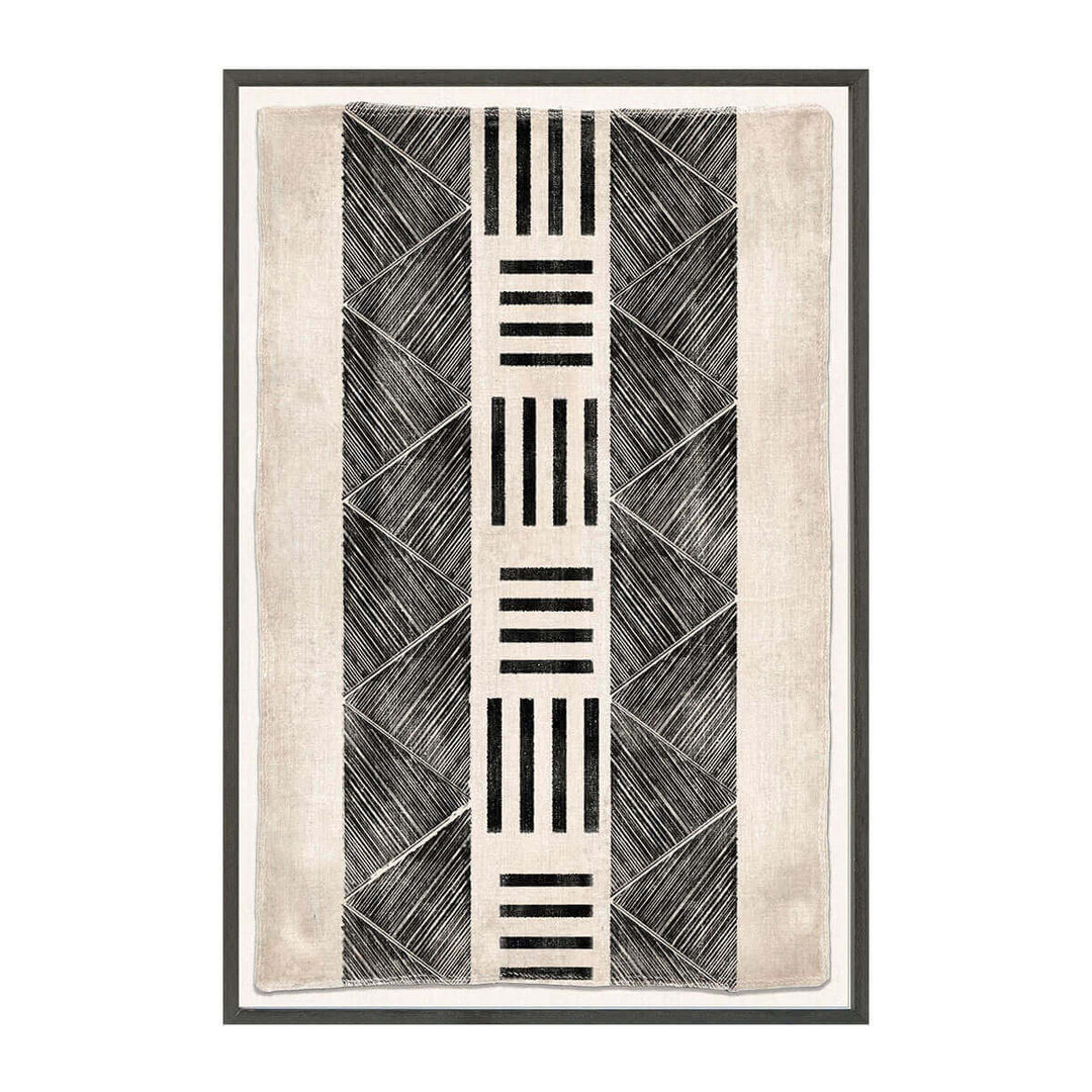 The Woven Tribe IV is a contemporary mud painting with intricate stitched edges in an Ivory Coast style.