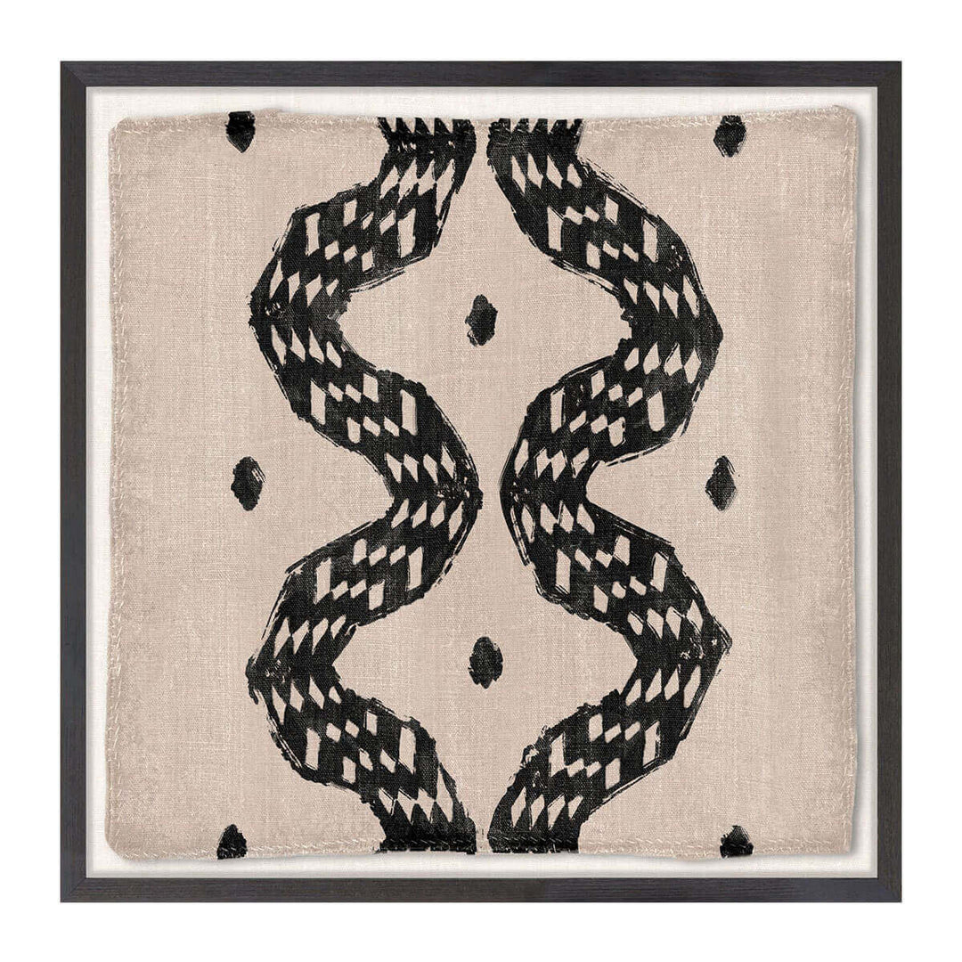 The Woven Tribe Medley III is a Ivory coast style contemporary mud painting with an abstract snake pattern in neutral tones.