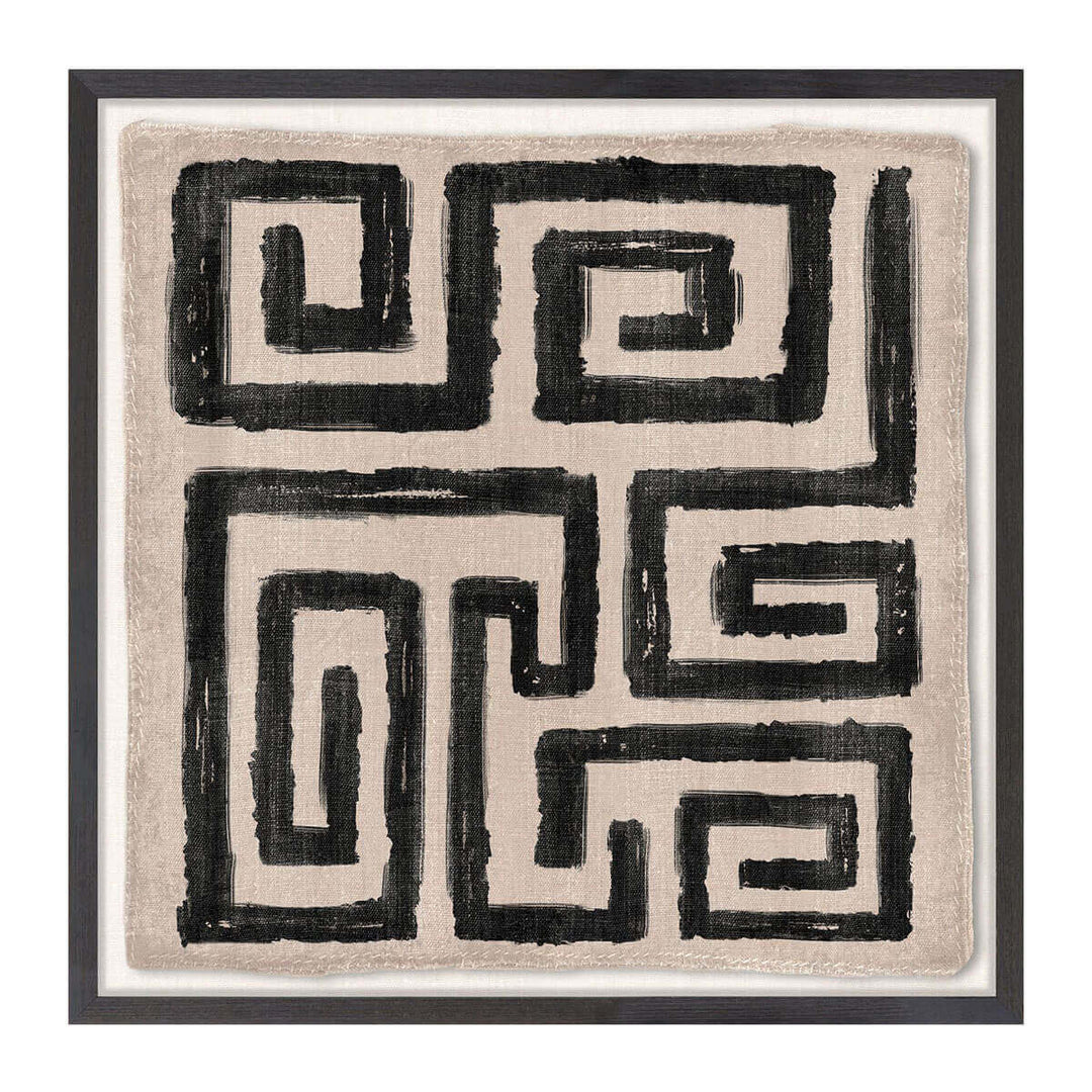 The Woven Tribe Medley II is a neutral abstract mud painting with intricately stitched edges and a tribal pattern.