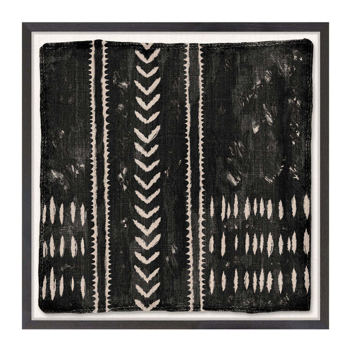 The Woven Tribe Medley IV is a contemporary mud painting with a graphic, tribal pattern in neutral tones.