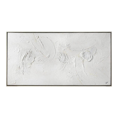 Yanno is a white, textural painting with a thin silver frame.