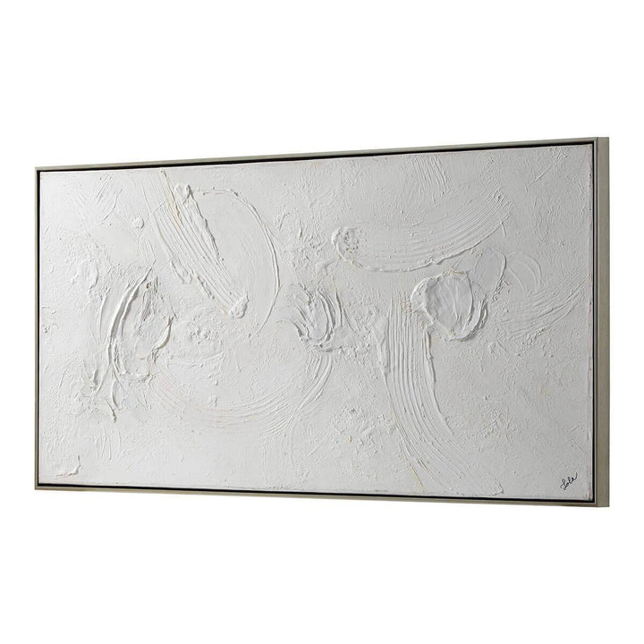White, textured abstract artwork with a matte finish and thin, silver frame.