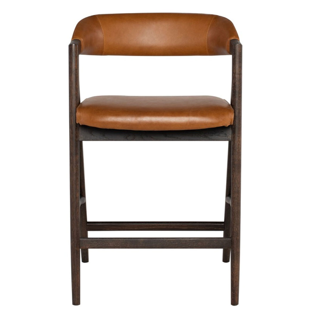 Cognac colour leather counter stool with curved back. Modern sleek design. Comfortable seared oak frame.