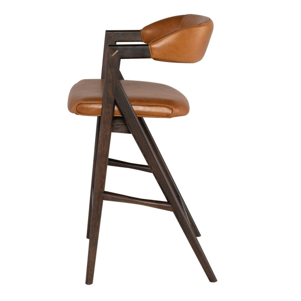 Cognac colour leather counter stool with curved back. Modern sleek design. Comfortable seared oak frame.