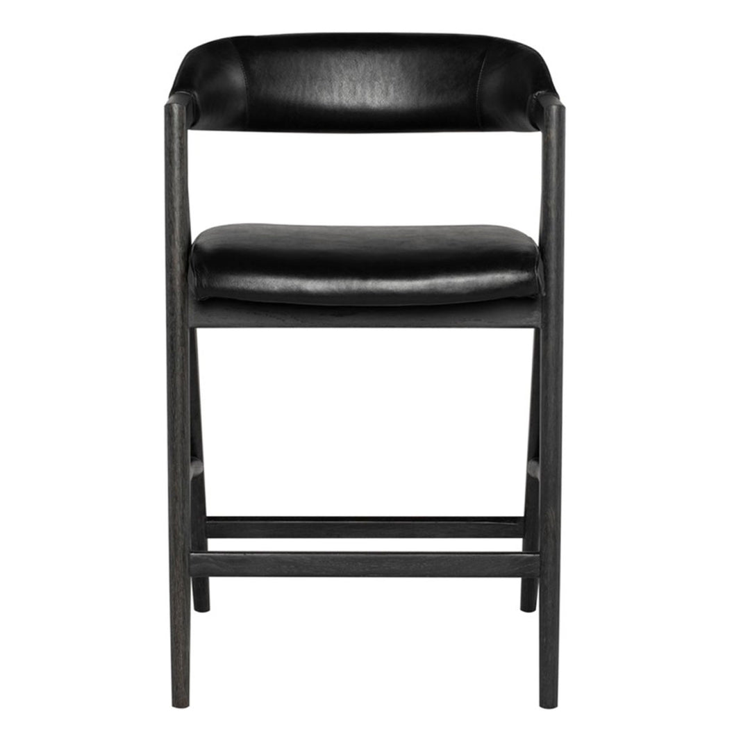 Black leather counter stool with curved back. Modern sleek design. Comfortable oak frame.